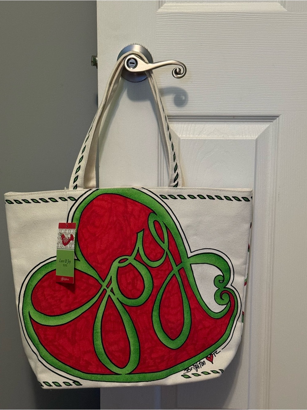 Brighton Canvas Tote with Red Heart and Green Outline